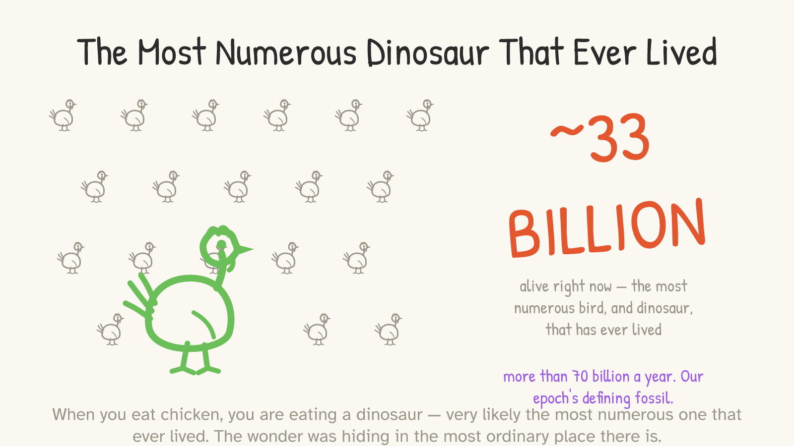 Panel: one big green chicken in front of a vast crowd of faint chicken silhouettes; giant red text '~33 BILLION alive right now — the most numerous bird, and dinosaur, that has ever lived'; note: 'more than 70 billion a year. Our epoch's defining fossil.'