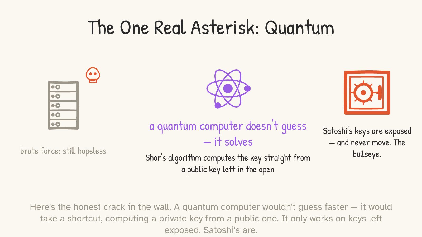 Three panels: a greyed-out server with a skull (“brute force: still hopeless”); an atom (“a quantum computer doesn't guess — it solves: Shor's algorithm computes the key from a public key left in the open”); a red vault (“Satoshi's keys are exposed — and never move. The bullseye.”).